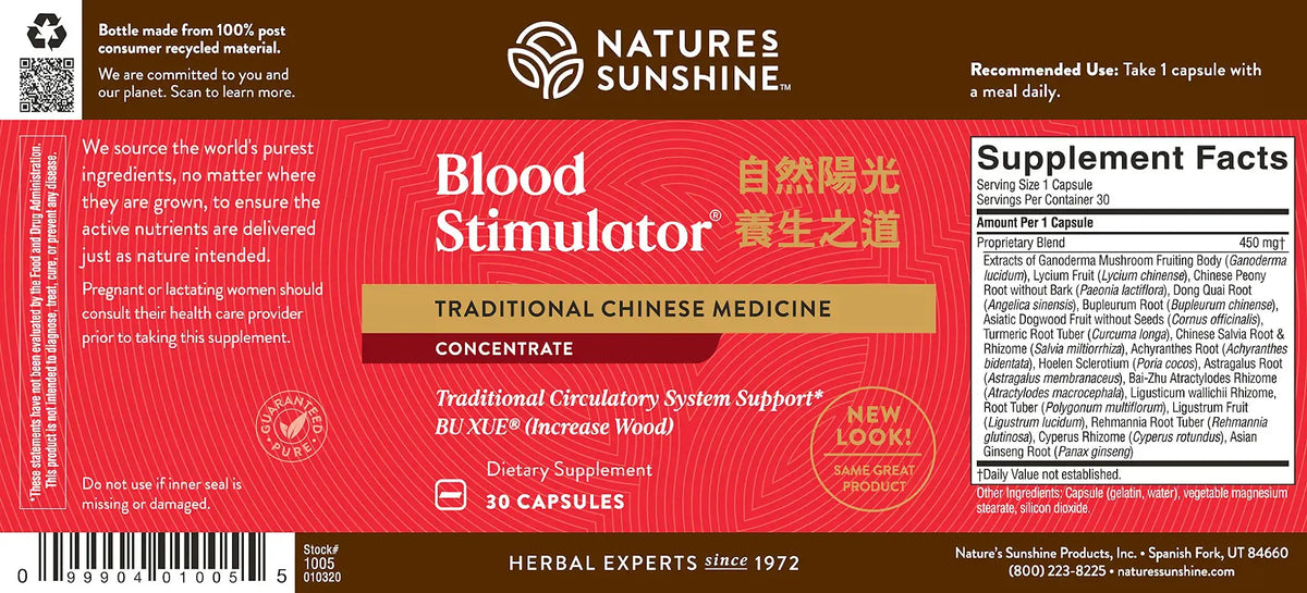Front and back label of Natures Sunshine Blood Stimulator Traditional Chinese Medicine herbal supplement capsules, showing red and brown color scheme with supplement facts.