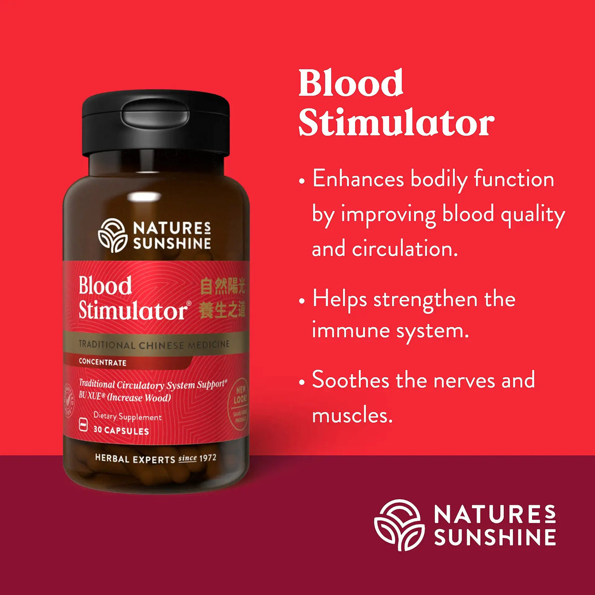Natures Sunshine Blood Stimulator supplement bottle on a red background with product details.