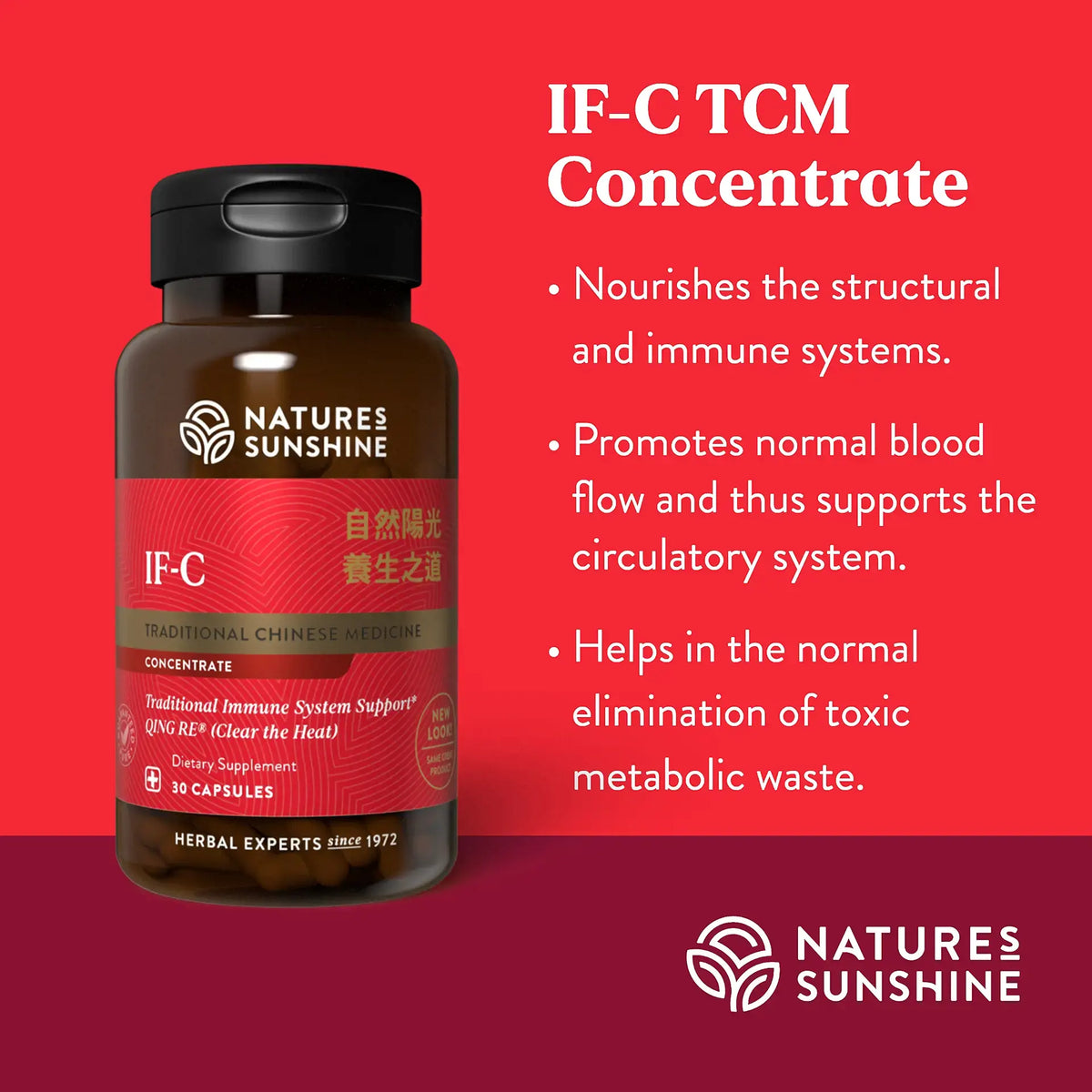 Natures Sunshine IF-C TCM Concentrate herbal supplement bottle on a red background with product benefits text.