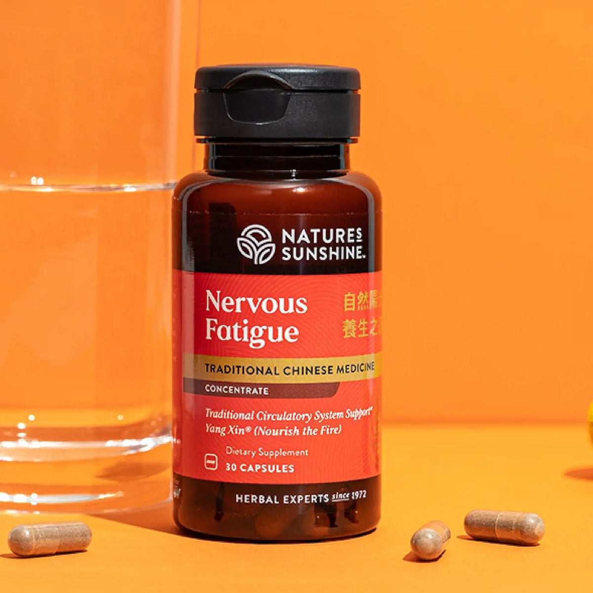 Nature's Sunshine Nervous Fatigue supplement bottle on an orange background