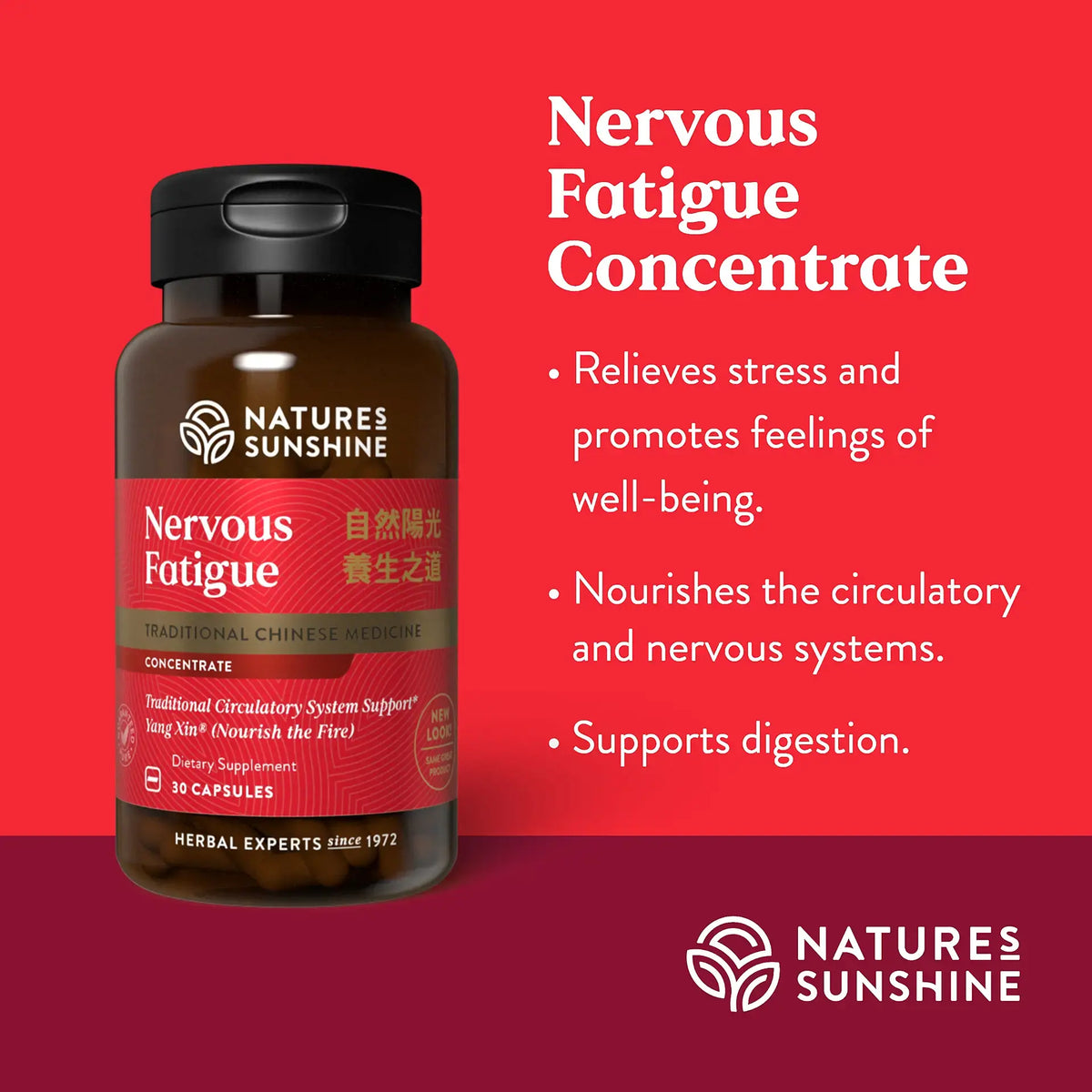 Natures Sunshine Nervous Fatigue Concentrate herbal supplement bottle on a red background with product benefits text.