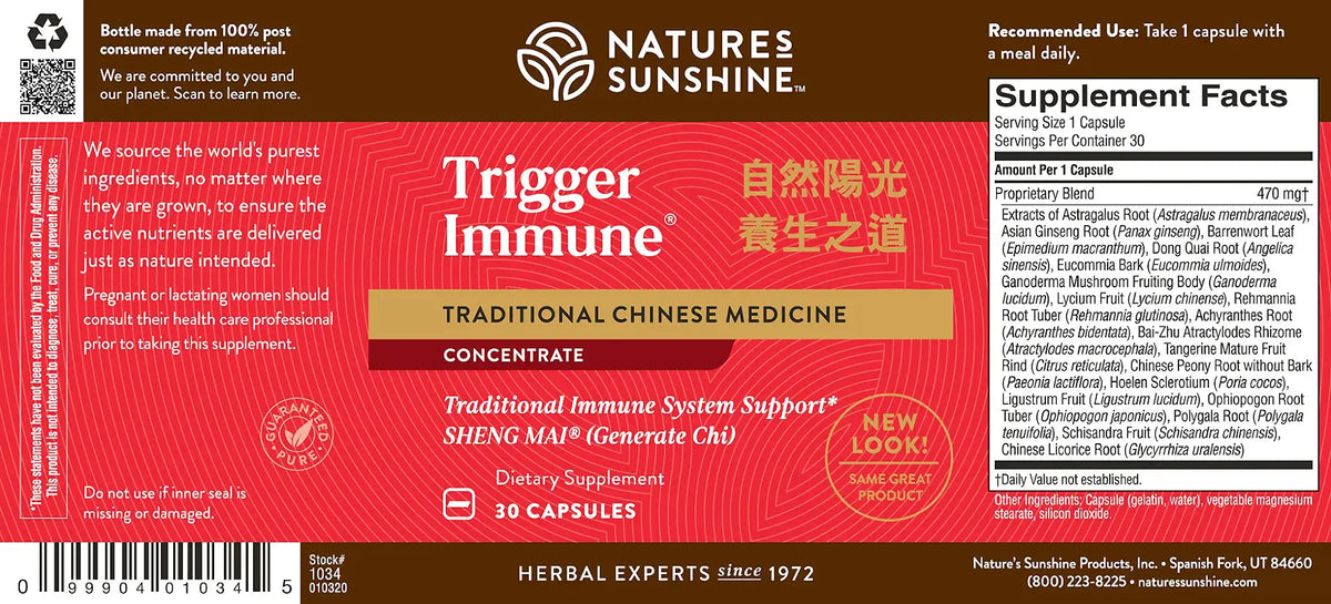 Natures Sunshine Trigger Immune Traditional Chinese Medicine dietary supplement bottle label, featuring a red and white design with English and Chinese text and a Supplement Facts panel on the right.