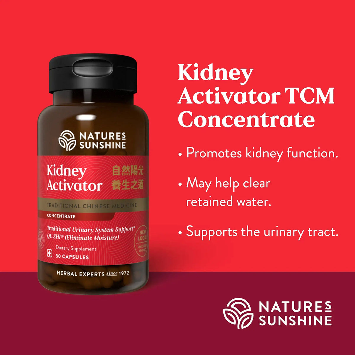 Nature's Sunshine Kidney Activator TCM Concentrate dietary supplement bottle on a red background with product benefits text.
