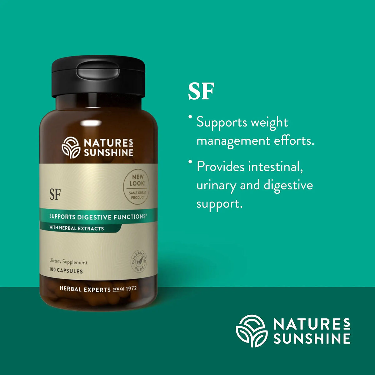 Nature's Sunshine SF herbal supplement bottle on a teal background with product text and benefits callouts.