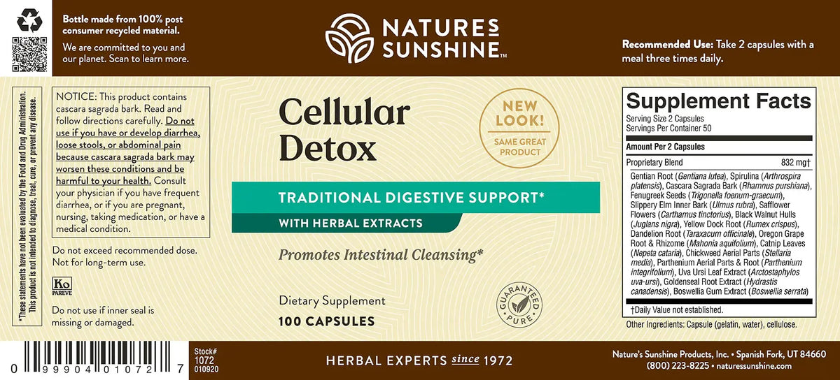 Natures Sunshine Cellular Detox herbal supplement bottle label showing product details, usage, and supplement facts on a white background.