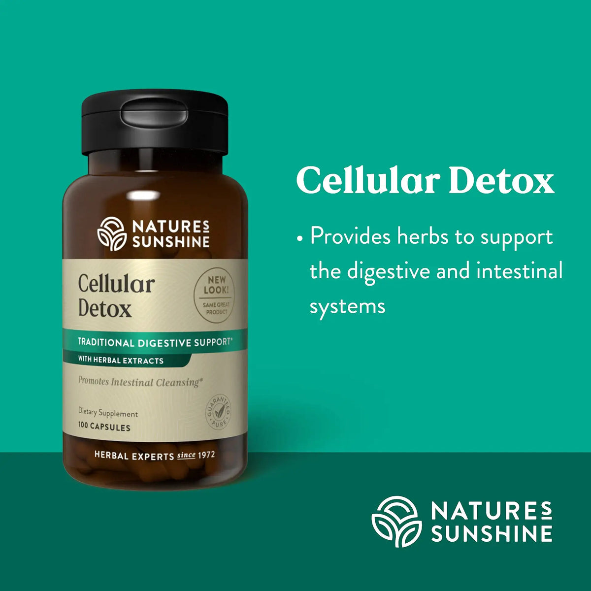 Nature's Sunshine Cellular Detox herbal supplement bottle on a teal background with product text and the Nature's Sunshine logo.