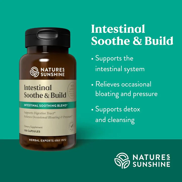 Natures Sunshine Intestinal Soothe & Build herbal supplement bottle on a teal background with product benefits listed on the right.