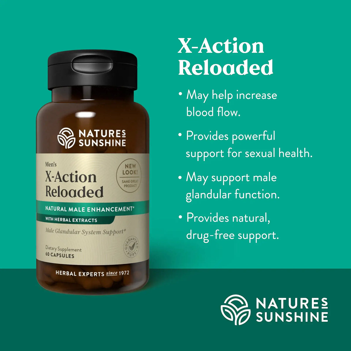 Natures Sunshine Men's X-Action Reloaded dietary supplement bottle on a teal background with product benefits text on the right.