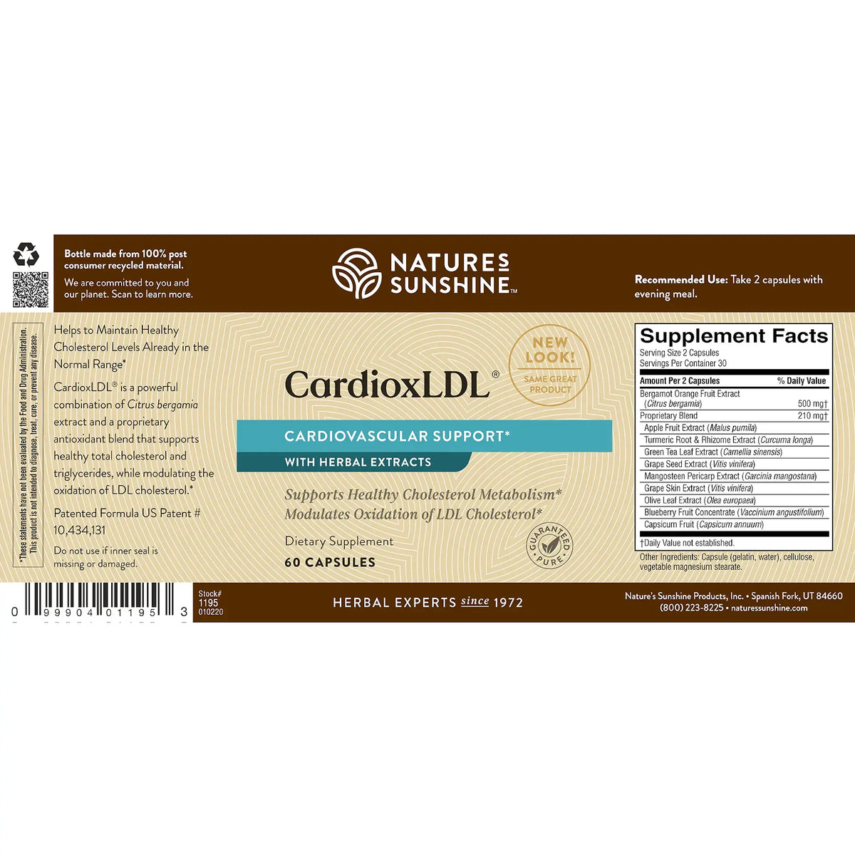 Front of a Natures Sunshine CardioxLDL dietary supplement box, showing the product name, supplement facts panel, and barcode on a white background.