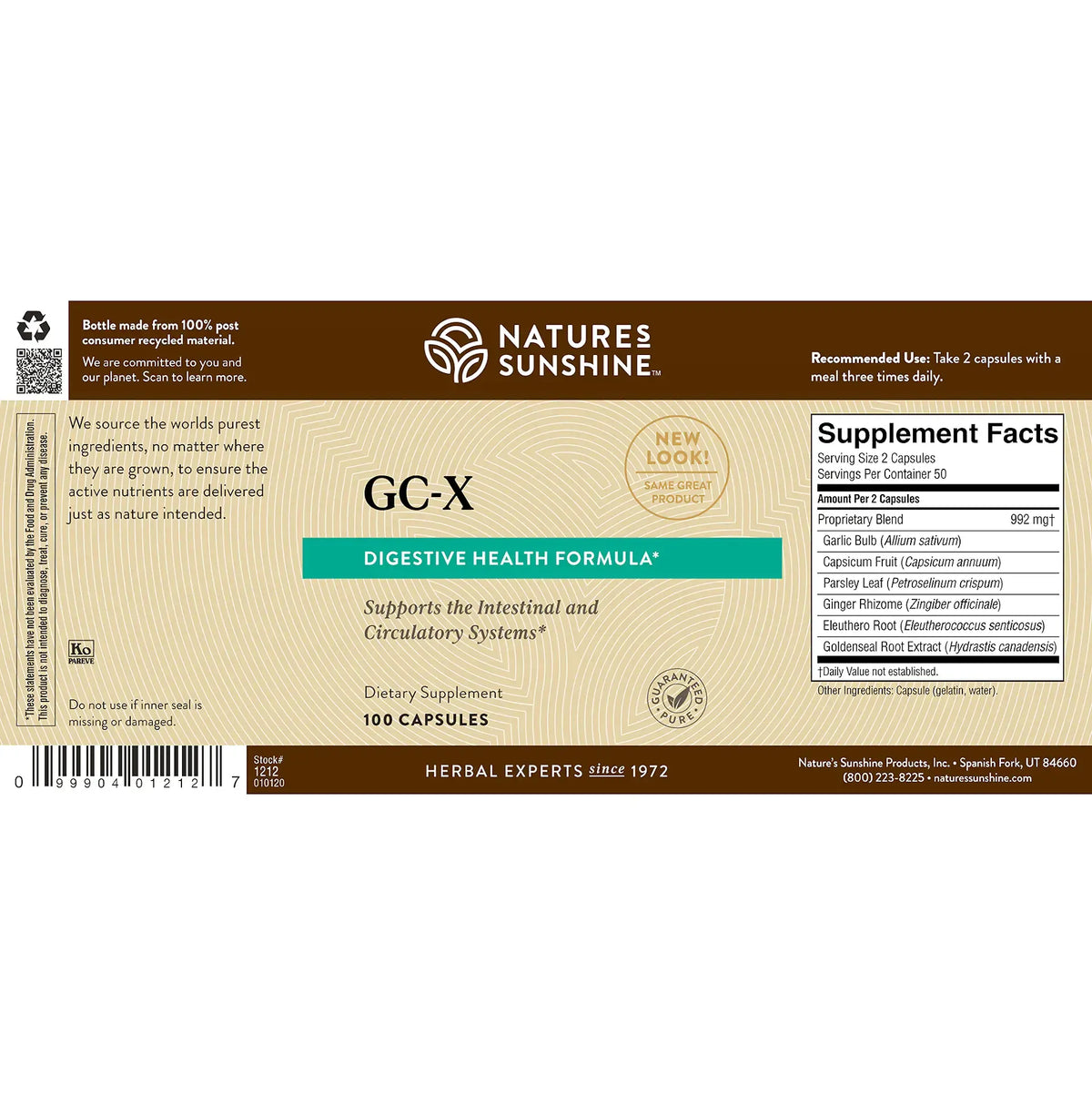 The back of a Natures Sunshine GC-X Digestive Health Formula supplement box, showing the supplement facts panel, ingredients list, and barcode on a beige and brown background.