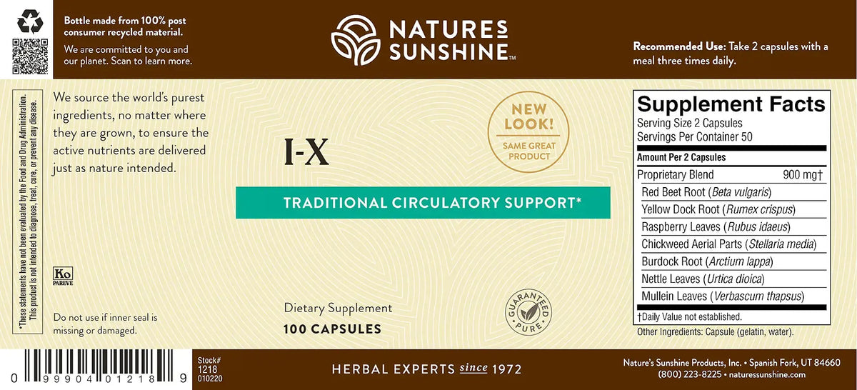 Front and back label of Nature's Sunshine I-X Traditional Circulatory Support herbal supplement capsules, showing product details, ingredients, and supplement facts.