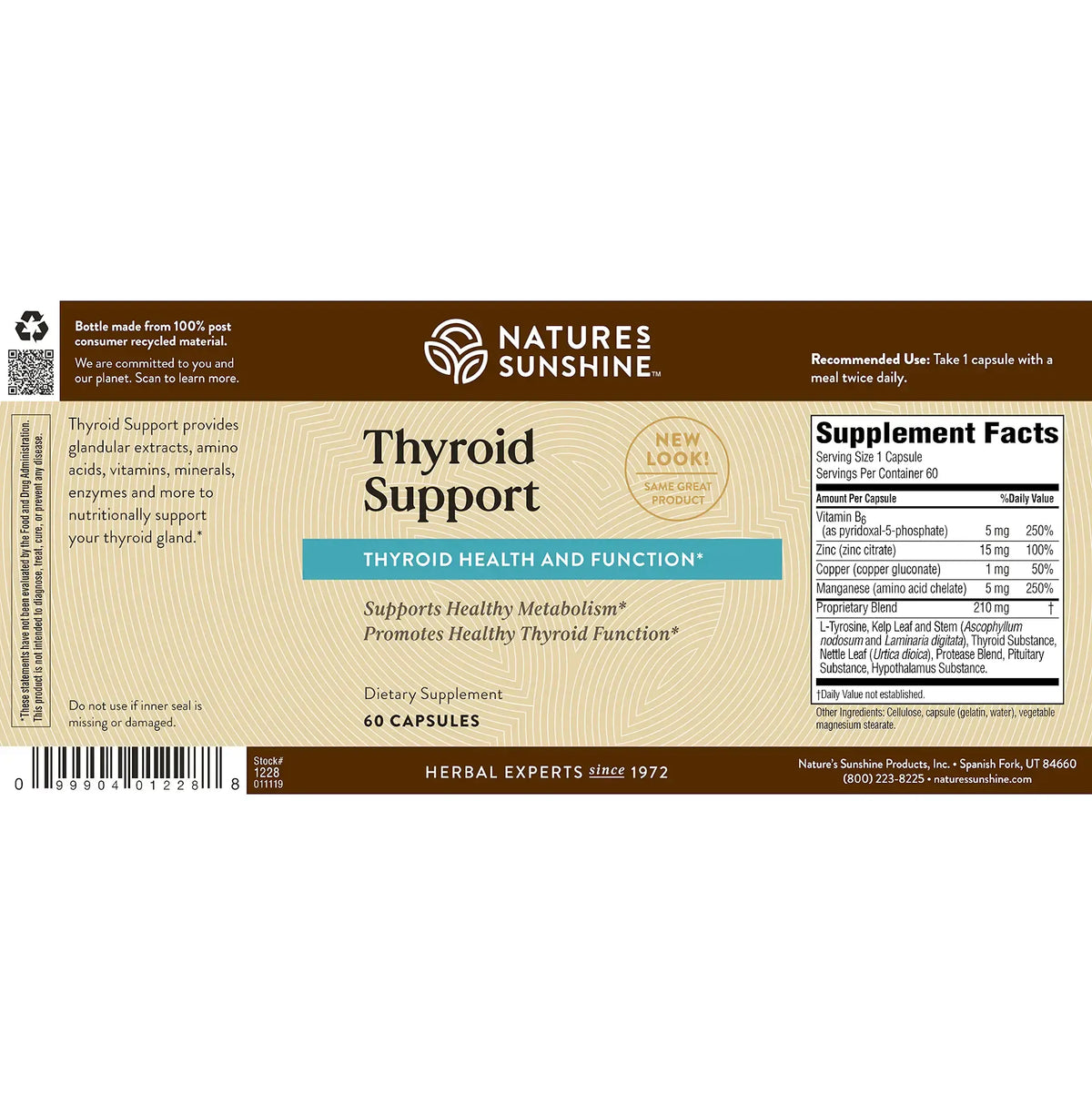 Natures Sunshine Thyroid Support dietary supplement label showing product details, supplement facts, and barcode on a white background.
