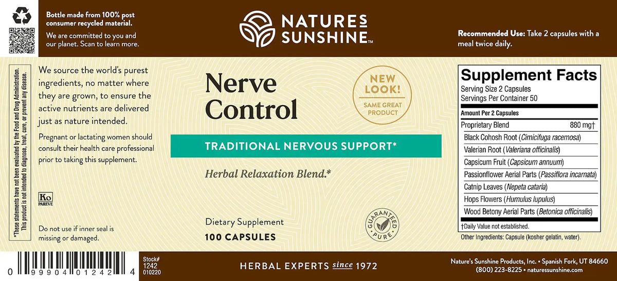 Front and back views of a Natures Sunshine Nerve Control herbal supplement box, showing the brown and beige label design with supplement facts and barcode.