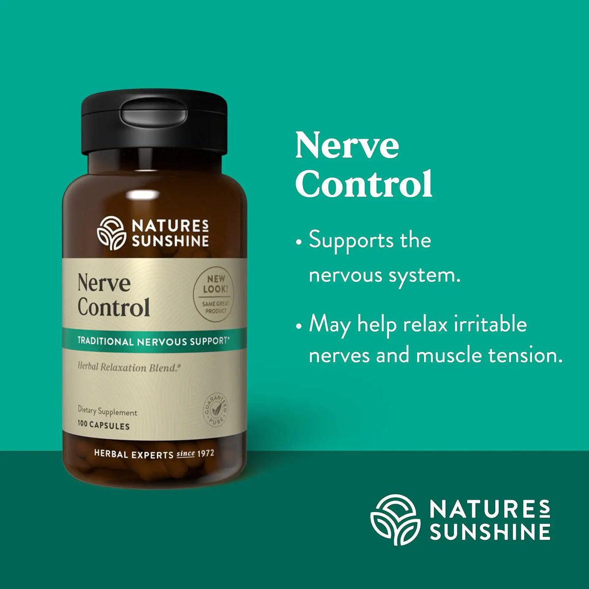 Nature's Sunshine Nerve Control herbal supplement bottle on a teal background with product text and benefits listed on the right.