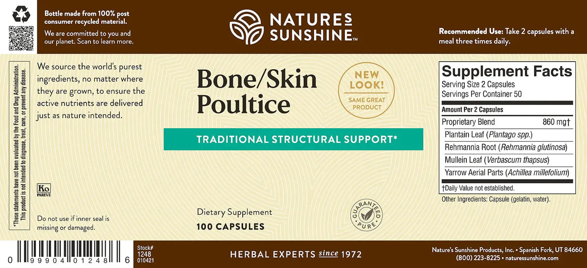 The back of a Nature's Sunshine Bone/Skin Poulte dietary supplement box, showing the supplement facts panel, ingredients list, and barcode on a beige background.