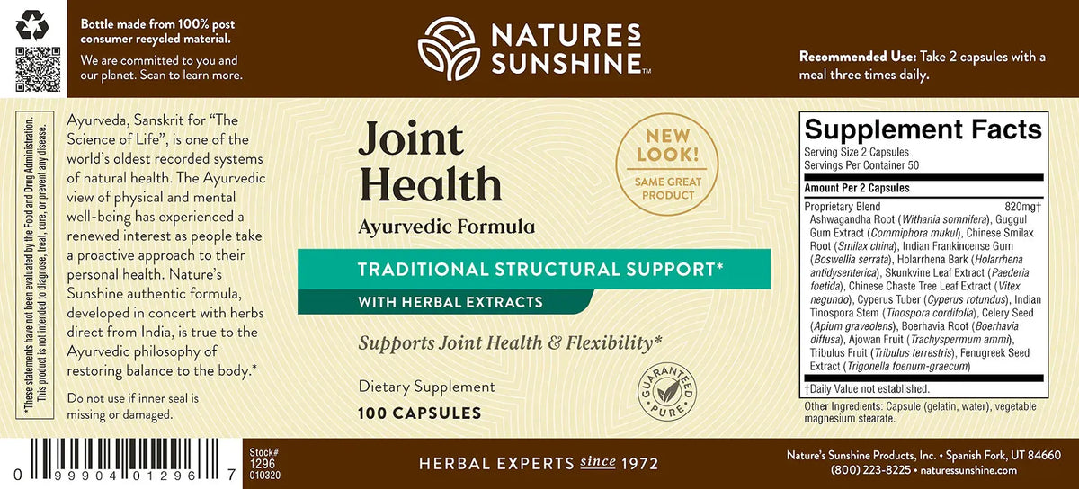 Natures Sunshine Ayurvedic Joint Health supplement bottle label showing product details, ingredients, and supplement facts on a beige and brown background.