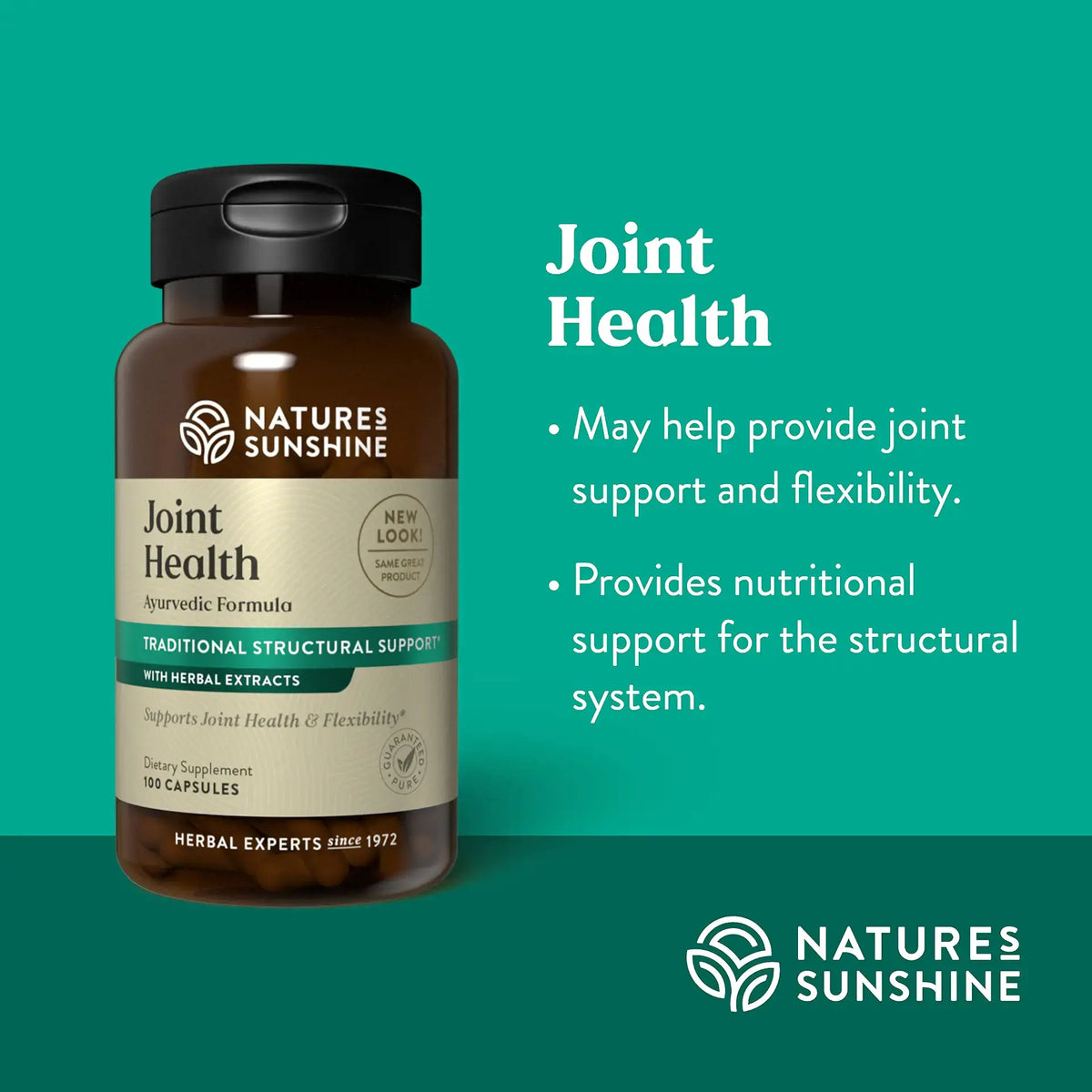 Nature's Sunshine Joint Health dietary supplement bottle on a teal background with promotional text about joint health support.