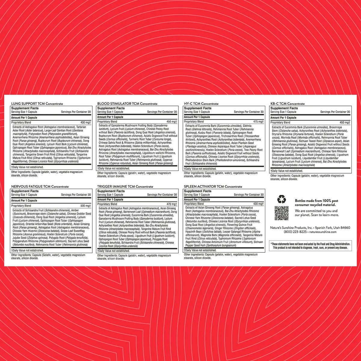 A white rectangular sheet displaying multiple product cards for TCM (Traditional Chinese Medicine) concentrates, including Lung Support, Blood Stimulator, and others, set against a red background with concentric wavy lines.