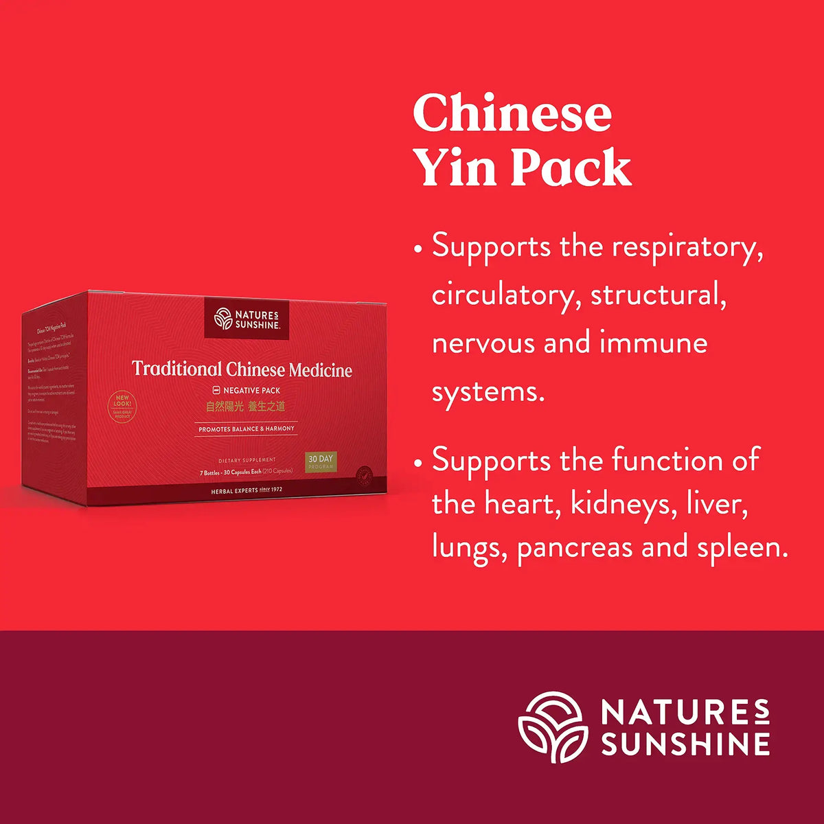 A promotional graphic for a Nature's Sunshine Chinese Yin Pack, showing a red product box on a bright red background with white text detailing the benefits of traditional Chinese medicine for respiratory, circulatory, nervous, and immune systems.