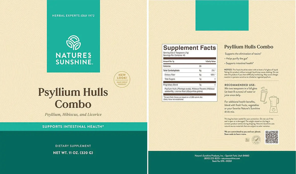 Nature's Sunshine Psyllium Hulls Combo supplement package with text and branding.