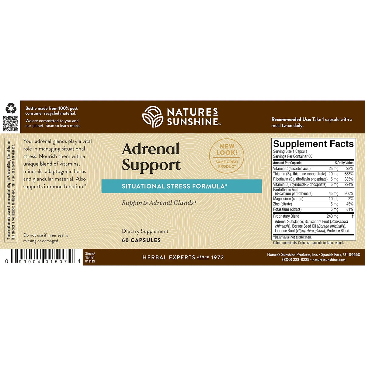 Natures Sunshine Adrenal Support dietary supplement packaging, featuring a brown and beige label with a Supplement Facts panel on the right side.