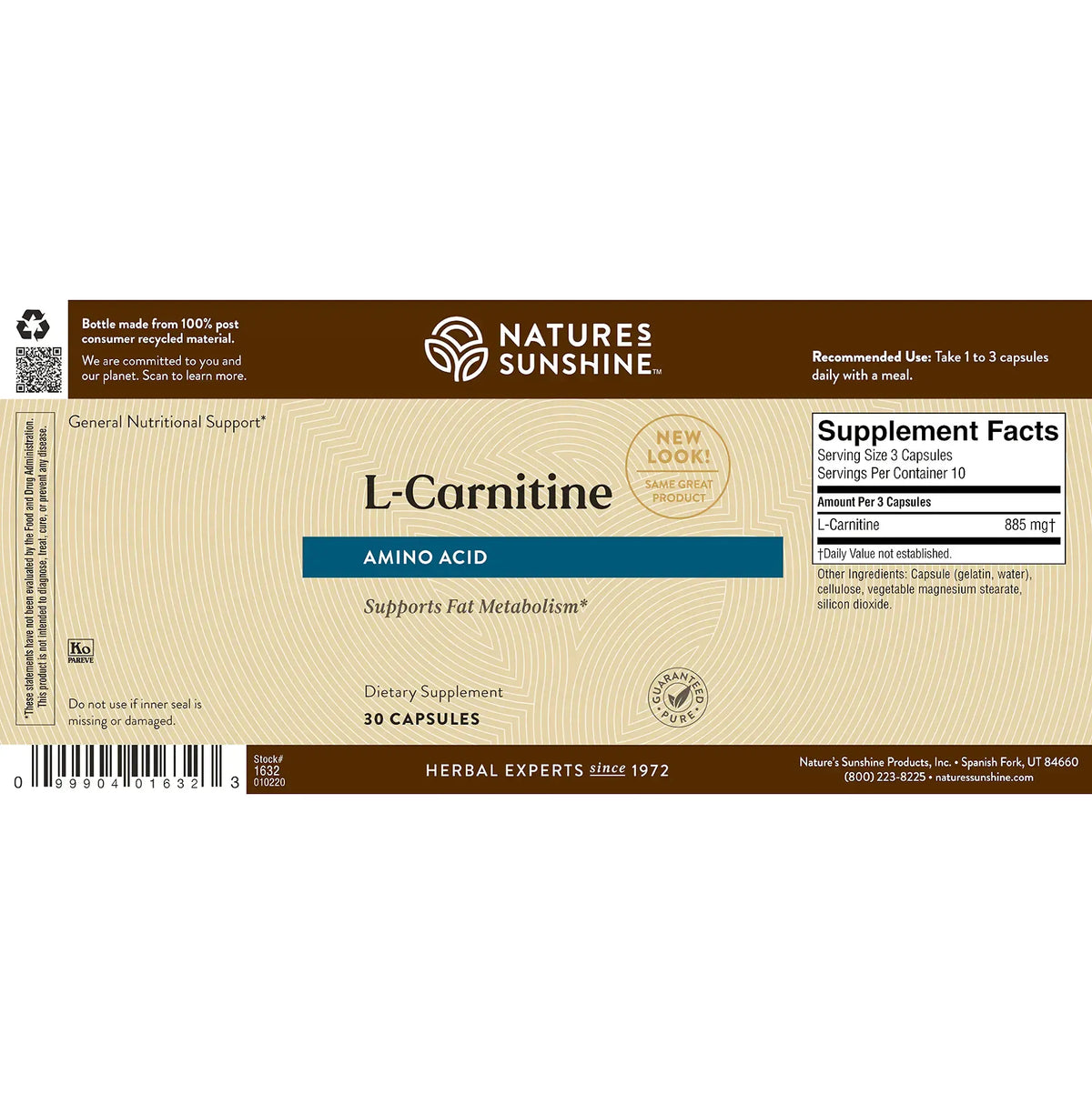 Natures Sunshine L-Carnitine dietary supplement packaging, featuring a brown and beige design with a prominent supplement facts panel on the right.