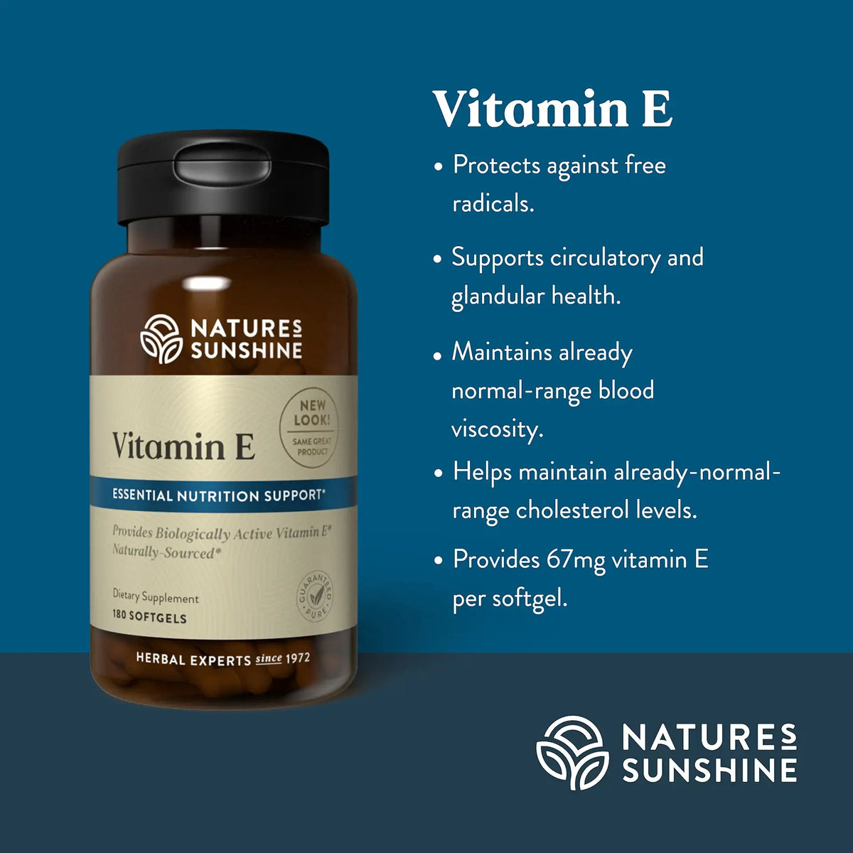 Natures Sunshine Vitamin E softgel bottle on a dark blue background with text describing benefits of Vitamin E.