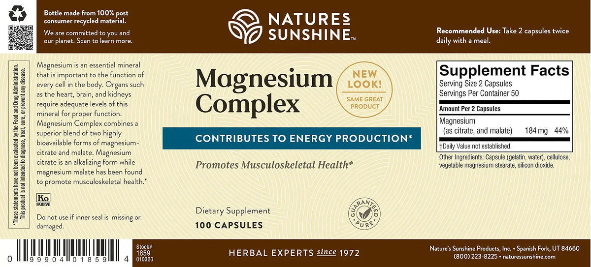 Front and back of a Nature's Sunshine Magnesium Complex supplement box, showing the product name, supplement facts, and barcode on a beige and brown label.