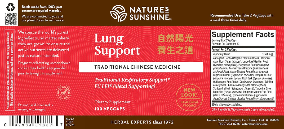 Natures Sunshine Lung Support dietary supplement bottle label, featuring a red and white design with product details, ingredients, and a supplement facts panel.