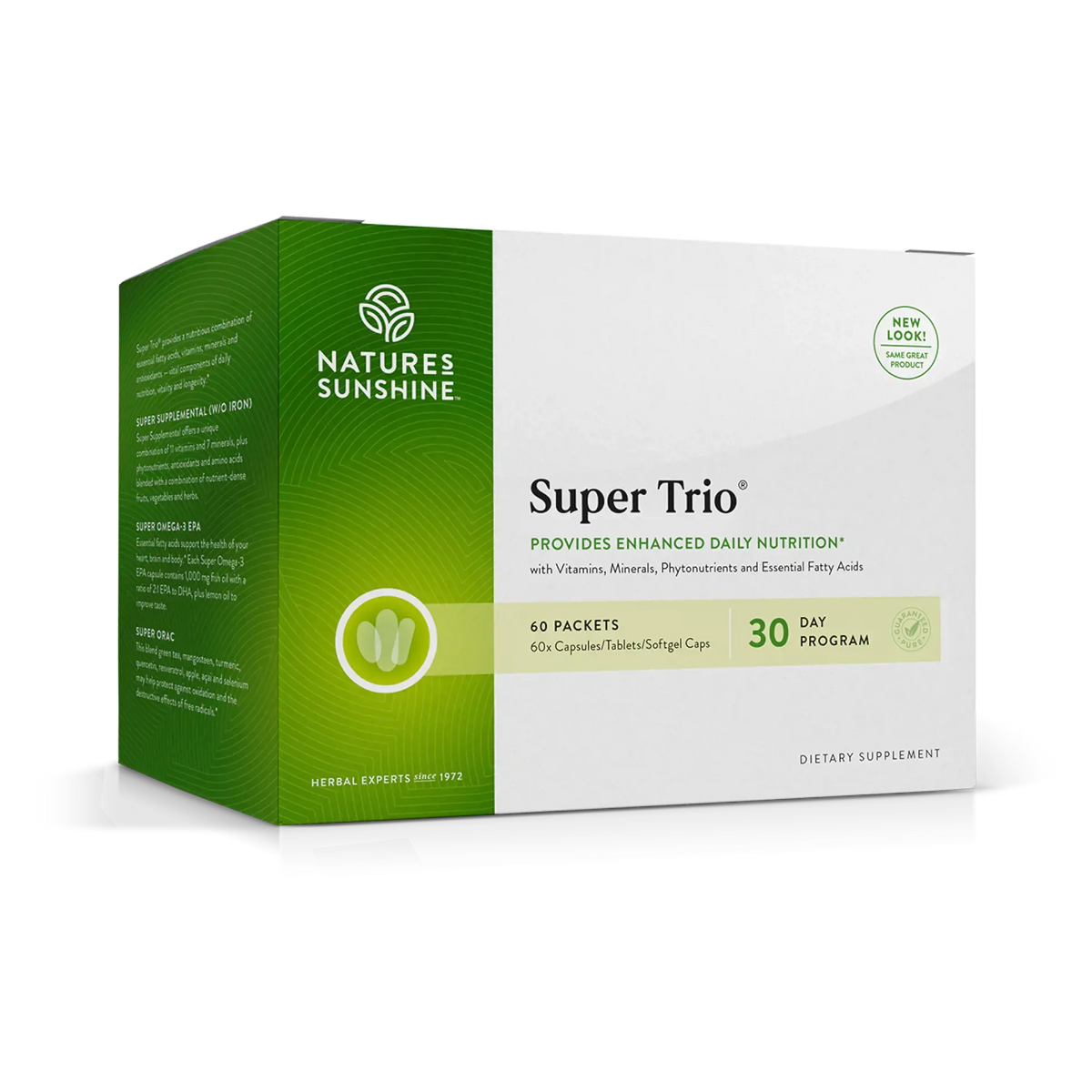 Nature's Sunshine Super Trio dietary supplement box, featuring a green and white packaging design with a 30-day program label.