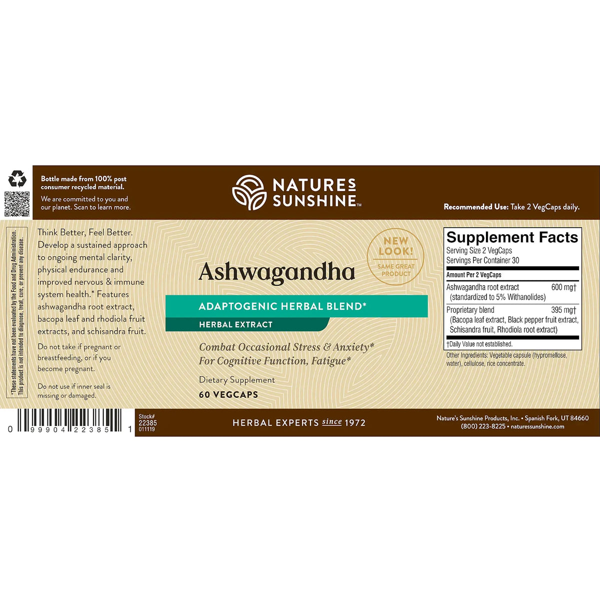 Front and back views of a Natures Sunshine Ashwagandha herbal supplement box, showing the product name, ingredients, and supplement facts on a beige and brown background.