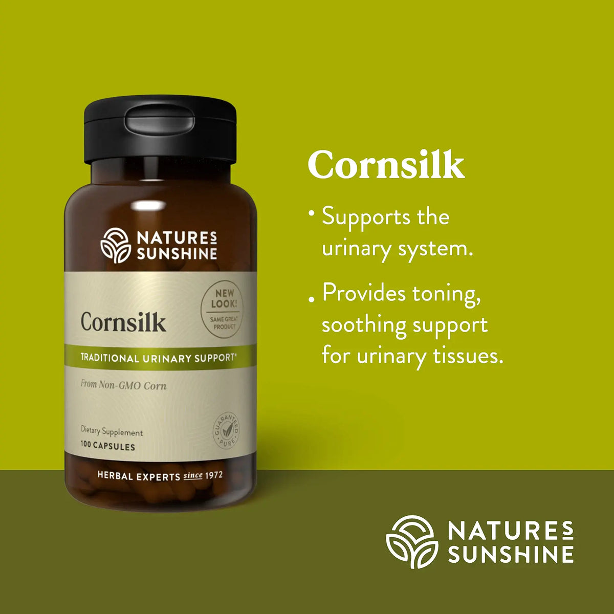 Nature's Sunshine Cornsilk herbal urinary support supplement bottle on a green gradient background with product benefits text.