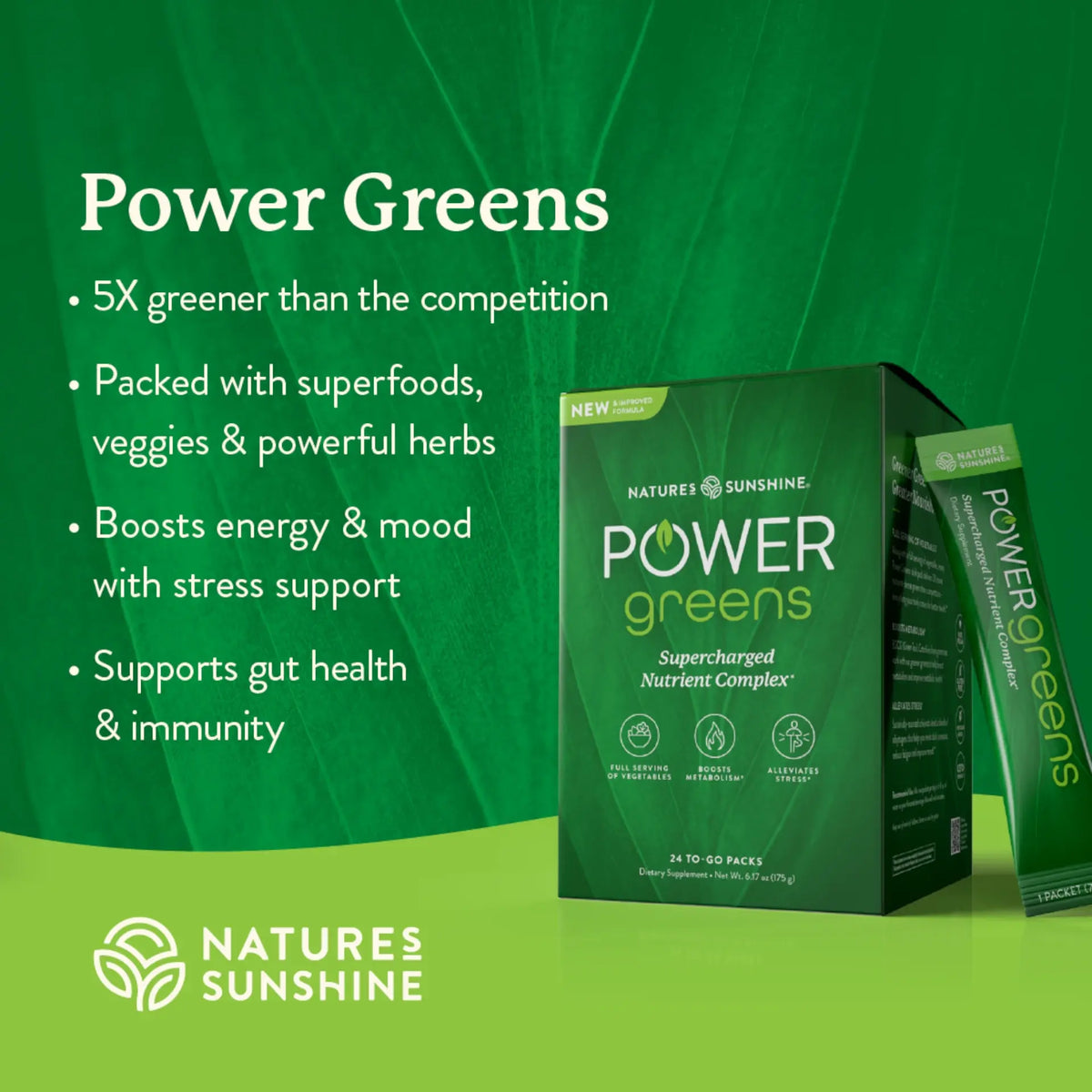 Natures Sunshine Power Greens supercharged nutrient complex in a green box with a single stick pack beside it, on a green promotional background with marketing text.
