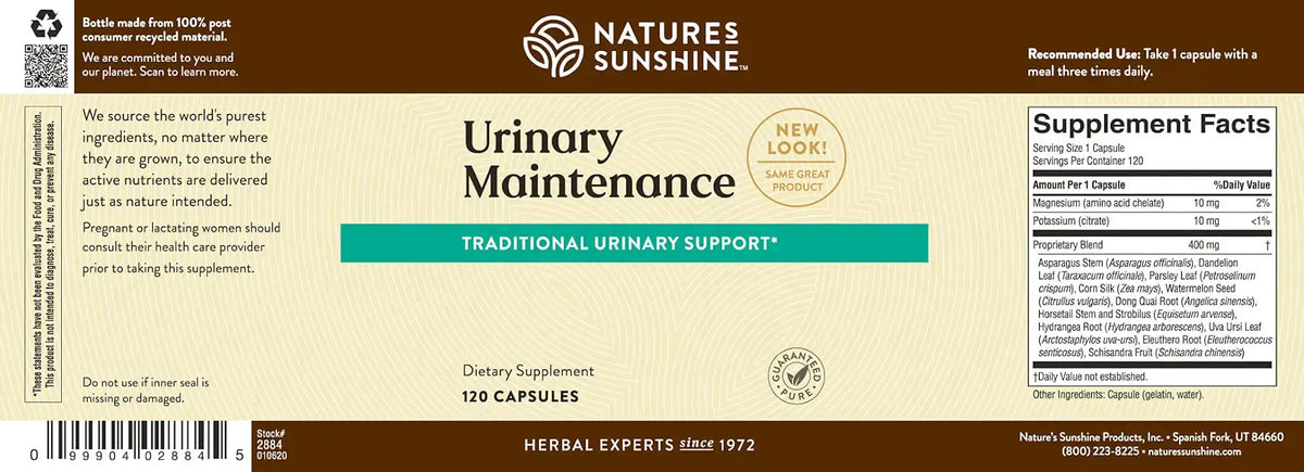 Front and back label of Natures Sunshine Urinary Maintenance herbal supplement, showing product details, ingredients, and supplement facts on a brown and beige background.