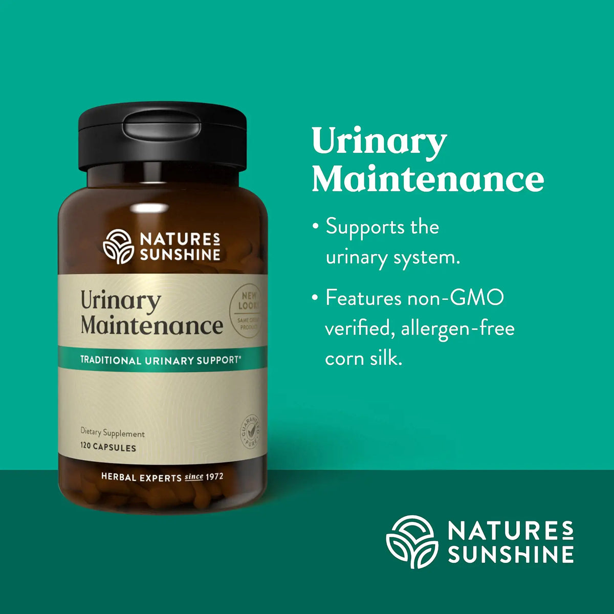 Natures Sunshine Urinary Maintenance supplement bottle on a green background