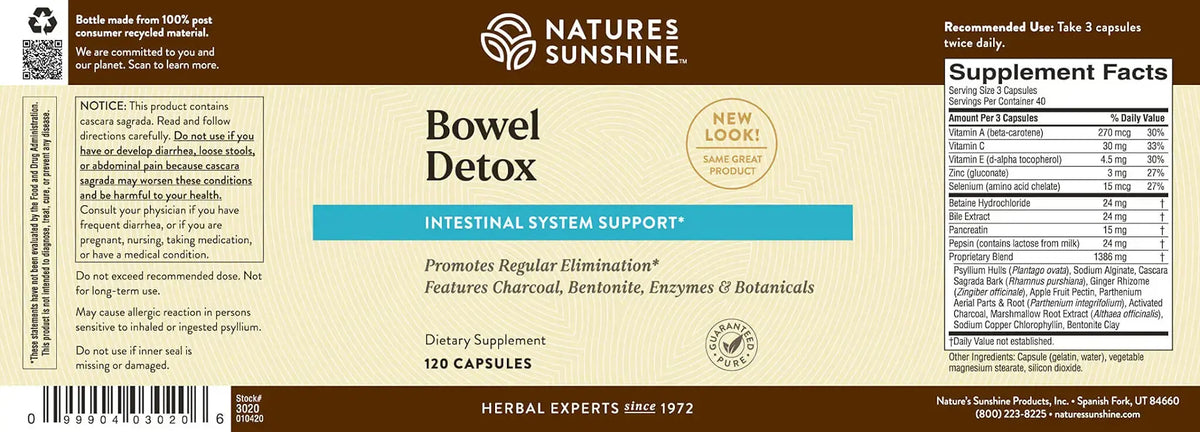 Natures Sunshine Bowel Detox dietary supplement label showing the front and back packaging with supplement facts, capsules count, and ingredients list.