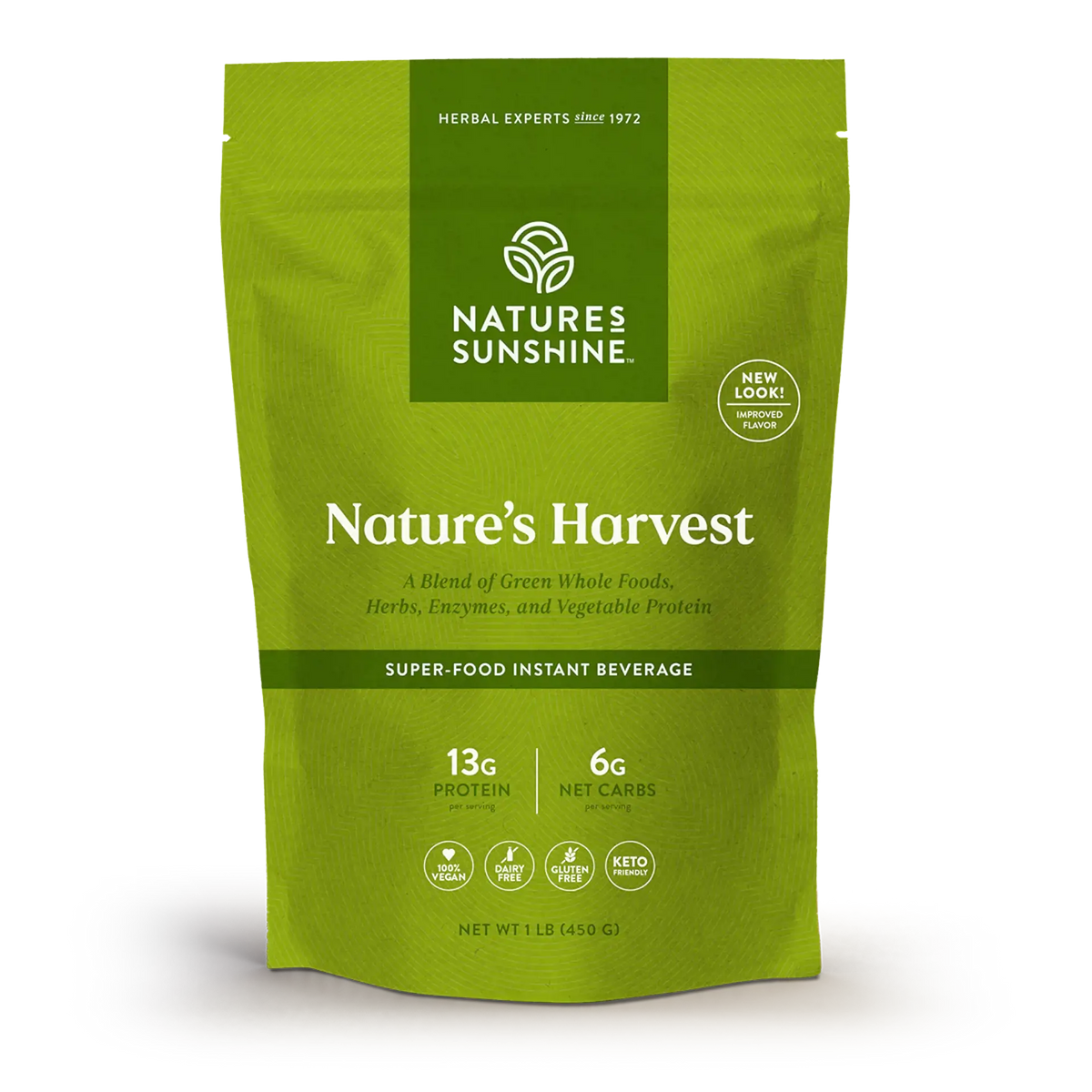 Nature's Sunshine Nature's Harvest Super-Food Instant Beverage in a lime green resealable pouch, displayed on a clean white background.