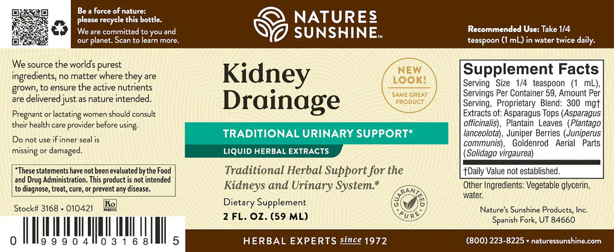 Natures Sunshine Kidney Drainage herbal supplement label, featuring a beige and brown design with green accents, product details, and a barcode.