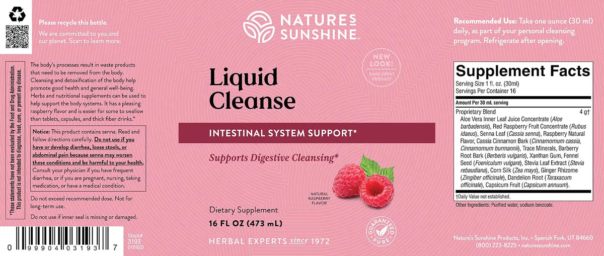 Pink Natures Sunshine Liquid Cleanse supplement bottle label with supplement facts panel, barcode, and raspberry graphics on a white background.