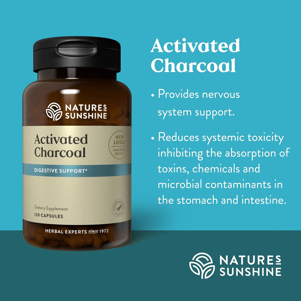 A bottle of Natures Sunshine Activated Charcoal dietary supplement on a teal background with product text and benefits listed on the right.