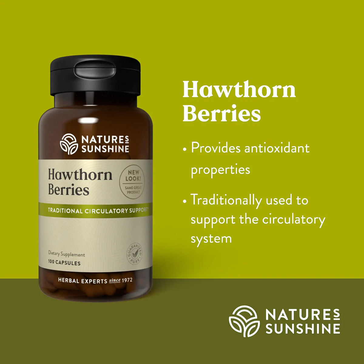 Natures Sunshine Hawthorn Berries supplement bottle on a green background