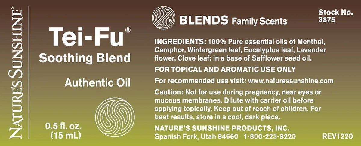 Natures Sunshine Tei-Fu Authentic Oil Blend Family Scents packaging label showing 0.5 fl.
