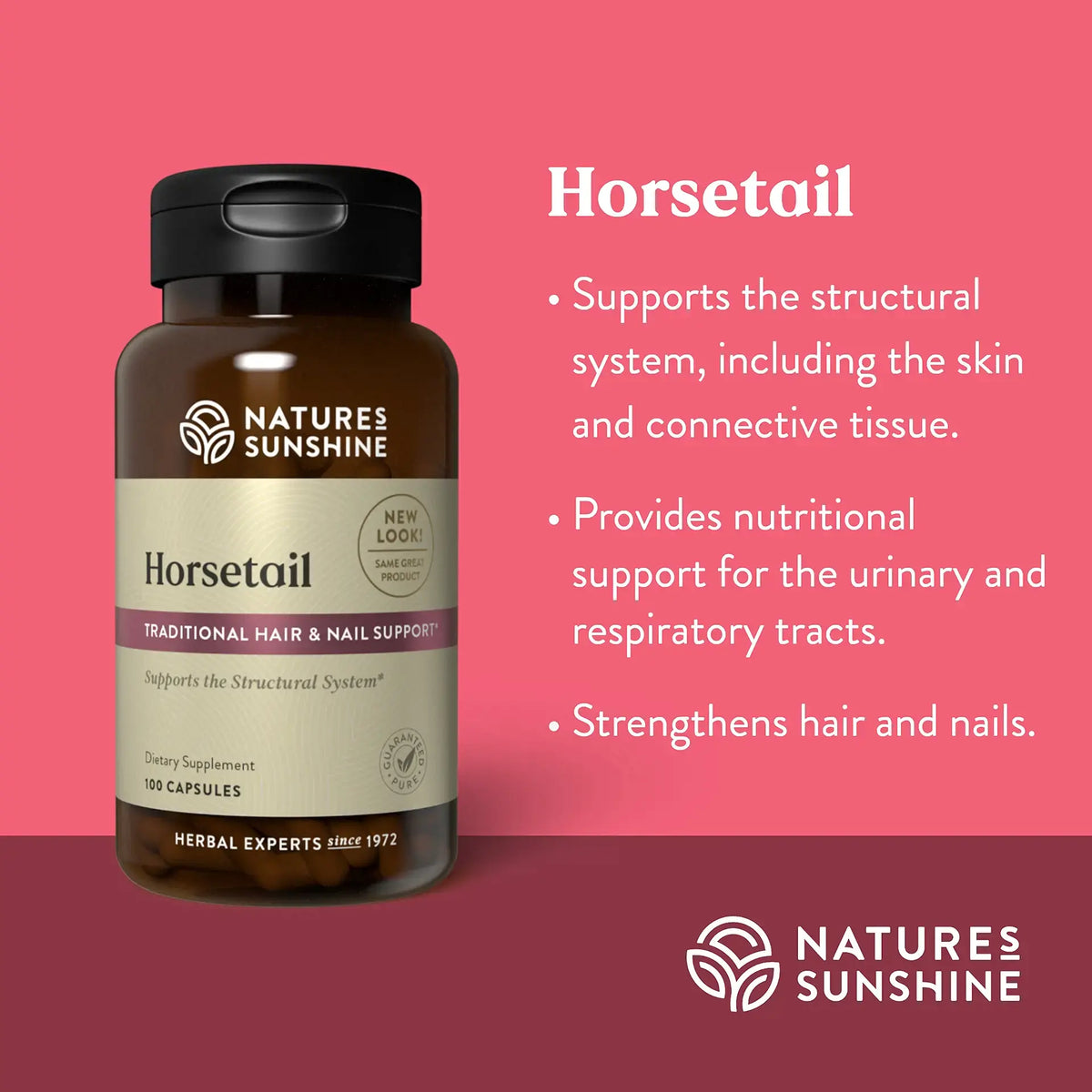 Nature's Sunshine Horsetail herbal supplement bottle on a pink background with descriptive text about its traditional hair and nail support benefits.