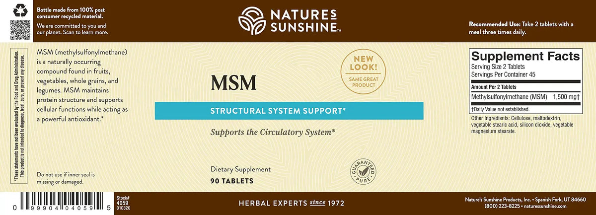 Nature's Sunshine MSM Structural System Support dietary supplement label, featuring a dark brown and beige design with a blue accent bar and supplement facts panel.