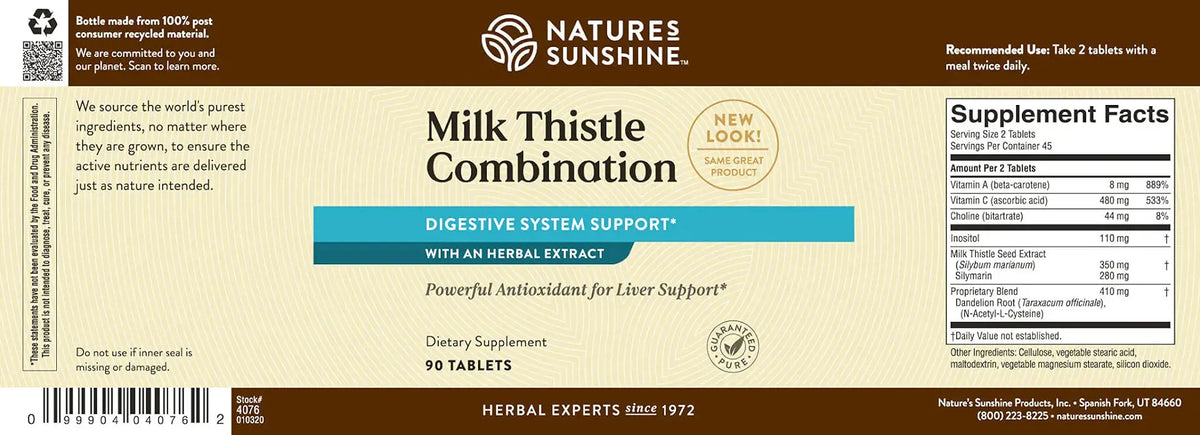 Natures Sunshine Milk Thistle Combination herbal supplement bottle label, featuring a dark brown and beige design with a blue accent bar and Supplement Facts panel.