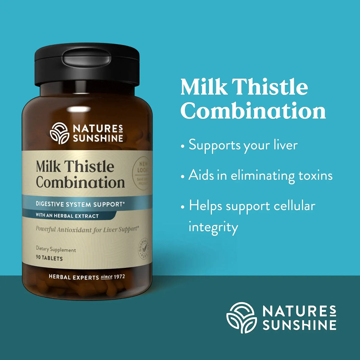 Nature's Sunshine Milk Thistle Combination dietary supplement bottle on a teal background with product benefits text.
