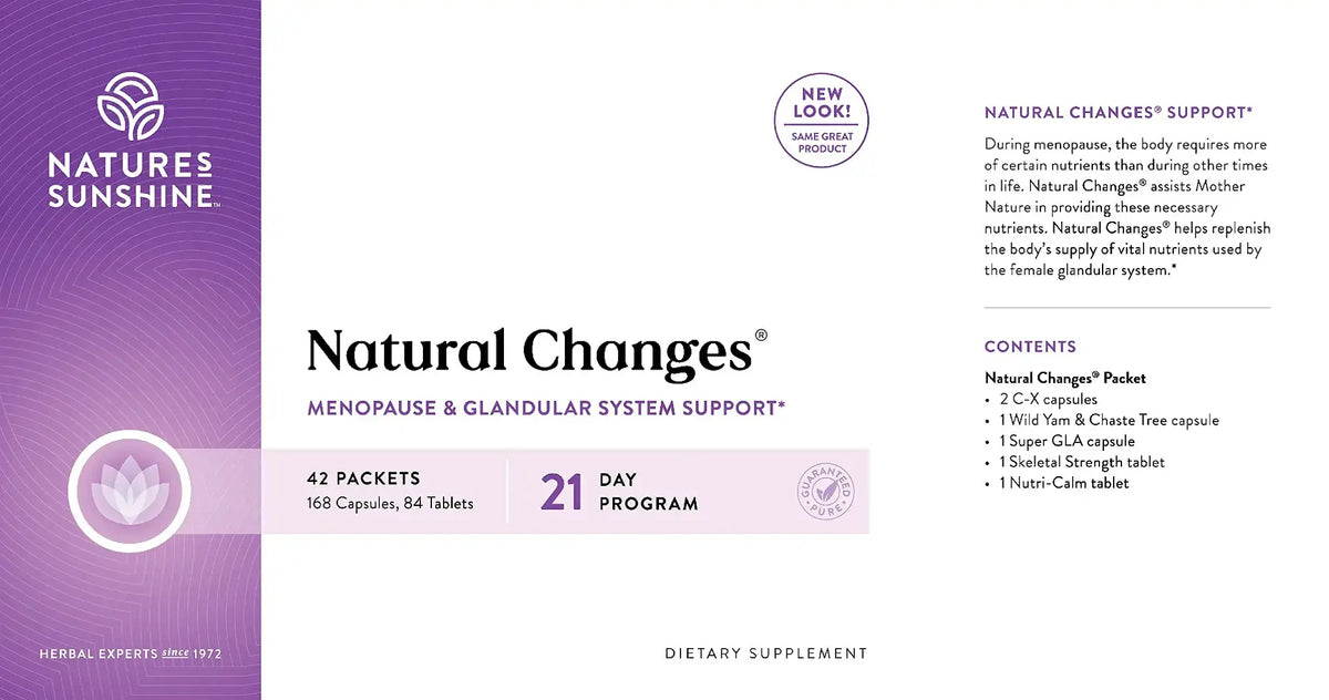 Natures Sunshine Natural Changes Menopause & Glandular System Support dietary supplement box packaging, featuring a purple and white design with product details and a 21-day program label.