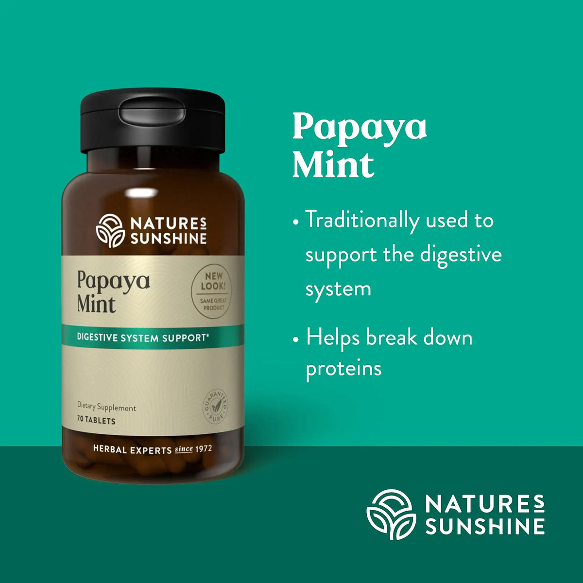 Natures Sunshine Papaya Mint supplement bottle on a green background
