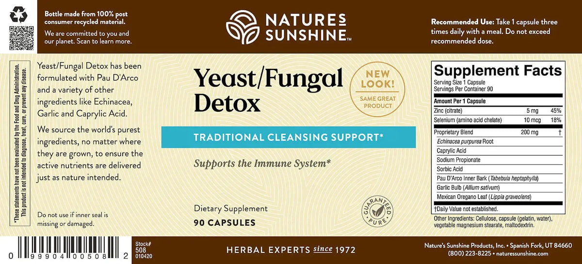 Front and back label of Nature's Sunshine Yeast/Fungal Detox dietary supplement, showing product name, ingredients, usage, supplement facts, and barcode on a beige and brown background.