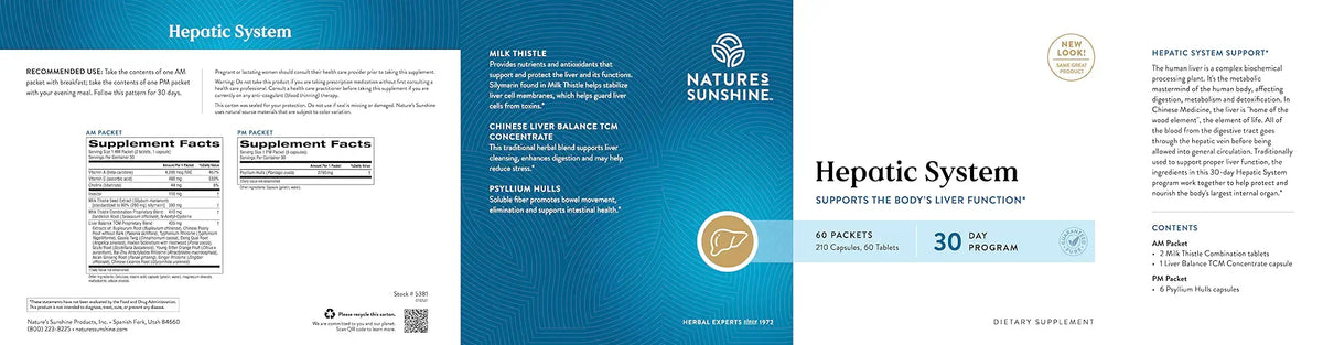 A wide product package layout for Nature's Sunshine Hepatic System, showing front, back, and side panels with text, dosage information, and a blue gradient design.